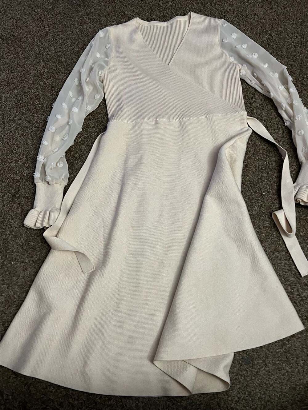 Chicwish Cream Petite Dobby Flare Sleeve Wrap Mini Dress